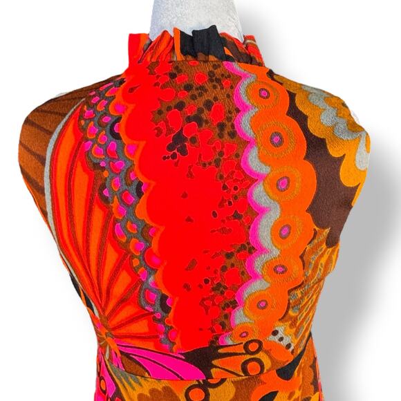 Vintage 60s Liberty House Lilia Butterfly Print Psychedelic Orange Maxi Dress XS - Picture 7 of 11